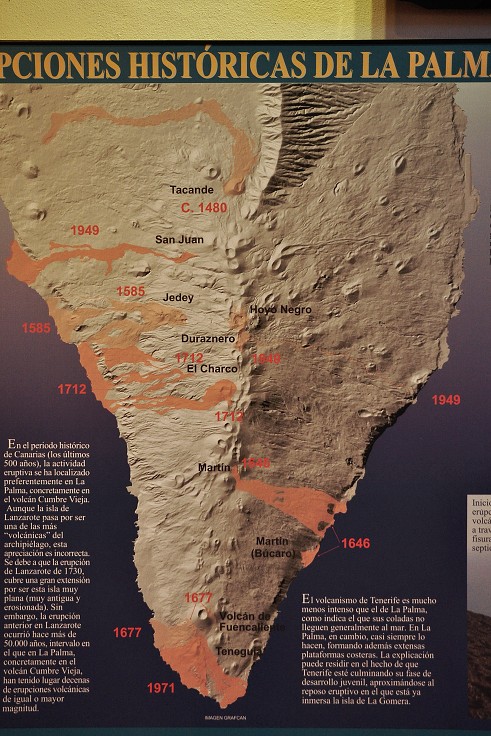 La Palma - Kanáry 2015 - mapa erupcí na jihu ostrova 